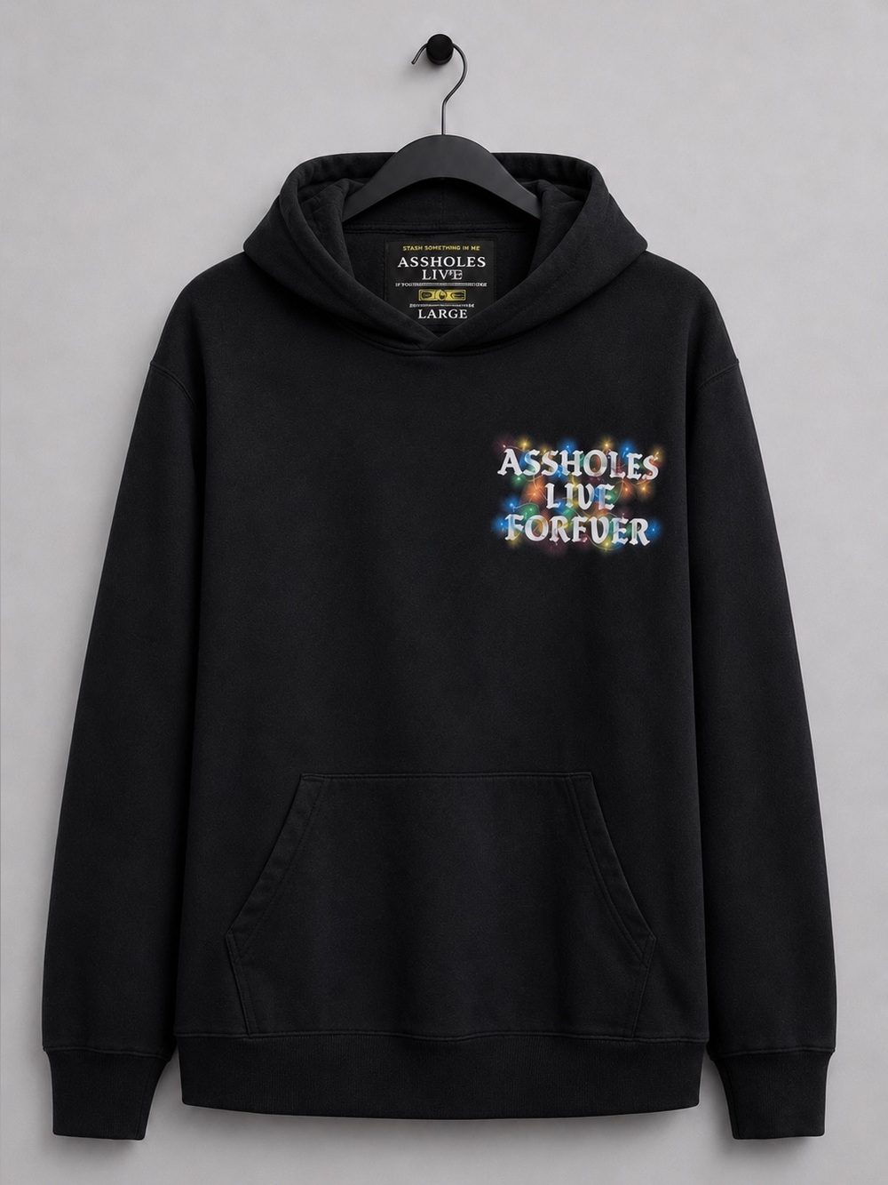 Assholes Live Forever Christmas Lights Hoodie Men’s L Black Graphic Pullover ALF